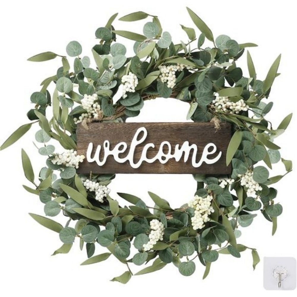 Green Eucalyptus Wreath w/ Welcome Sign 20in Artificial Wreath w/ White Berries